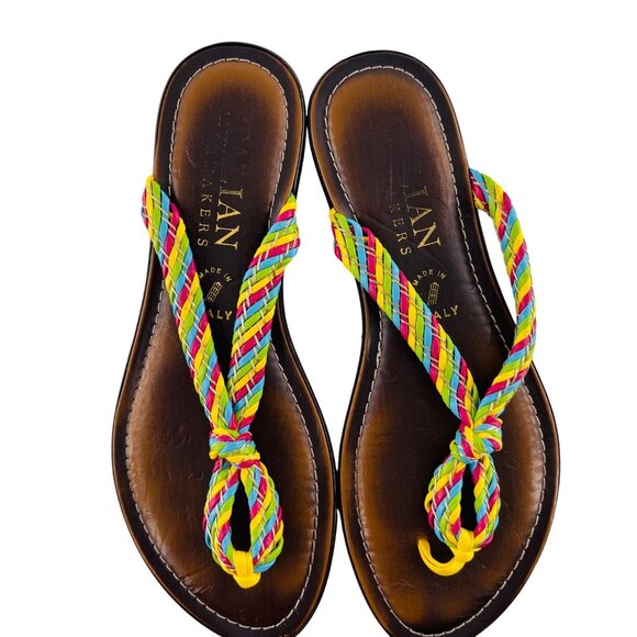 Italian Shoemakers Sandals Size 8 Genuine Leather Multi-Color Straps Flip Flops - Picture 1 of 4